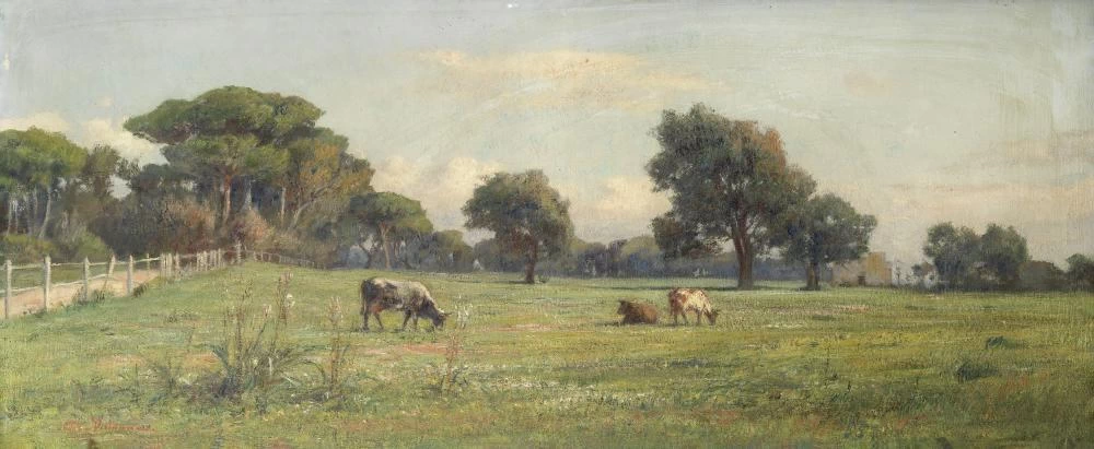 Paesaggio pastorale con bestiame al pascolo
